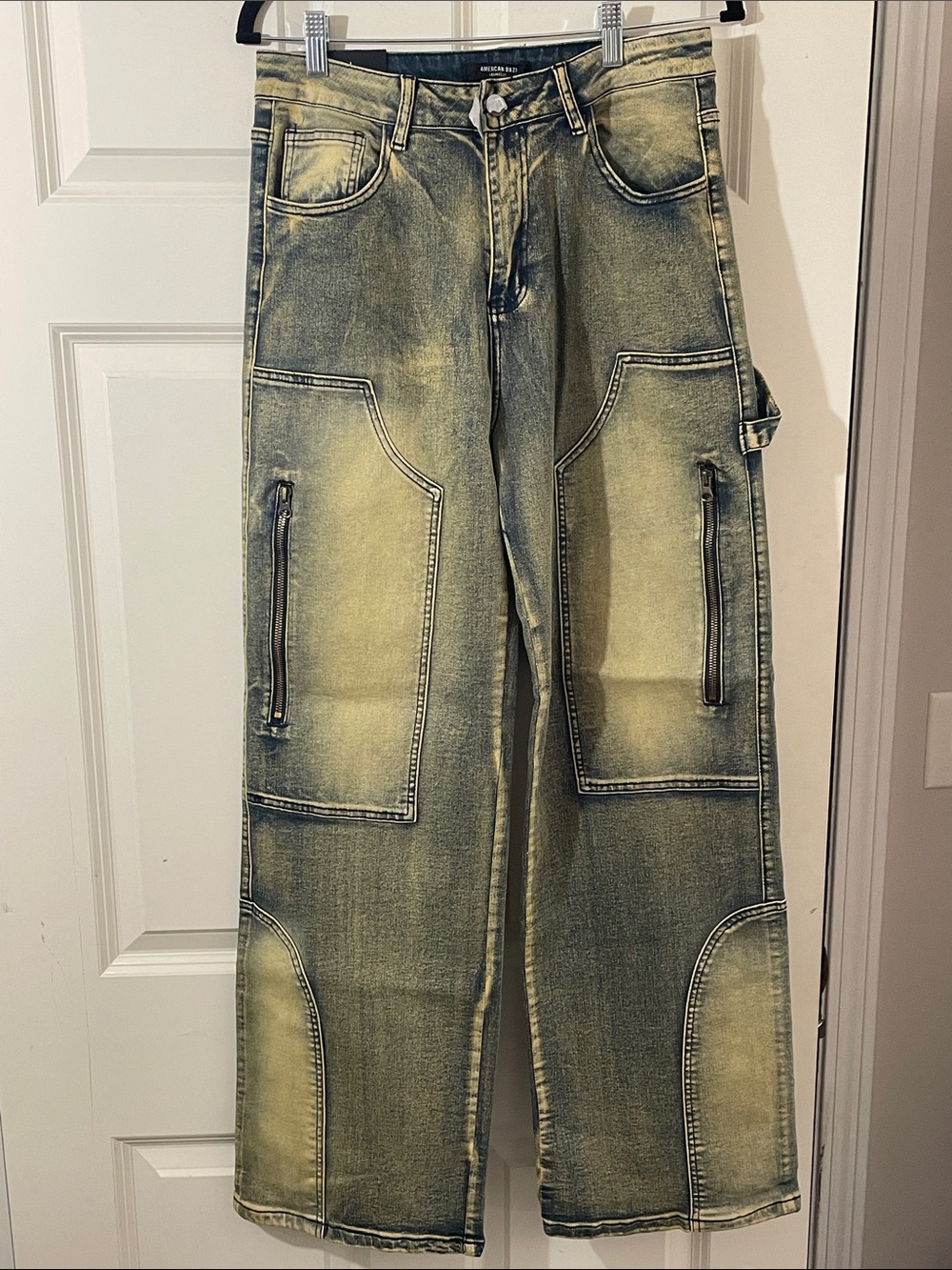 American Bazi Vintage Washed Utility Jeans with Faded Yellow Highlights(12)
